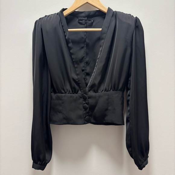 Deluc satin long sleeve crop blouse with shoulder pads - Picture 1 of 11